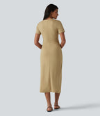 V Neck Short Sleeve Midi Casual Dress — Taos Taupe — view 2