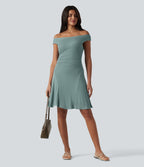 Ribbed Off Shoulder Non-Removable Pad Mini Casual Dress — Clear Green — view 7