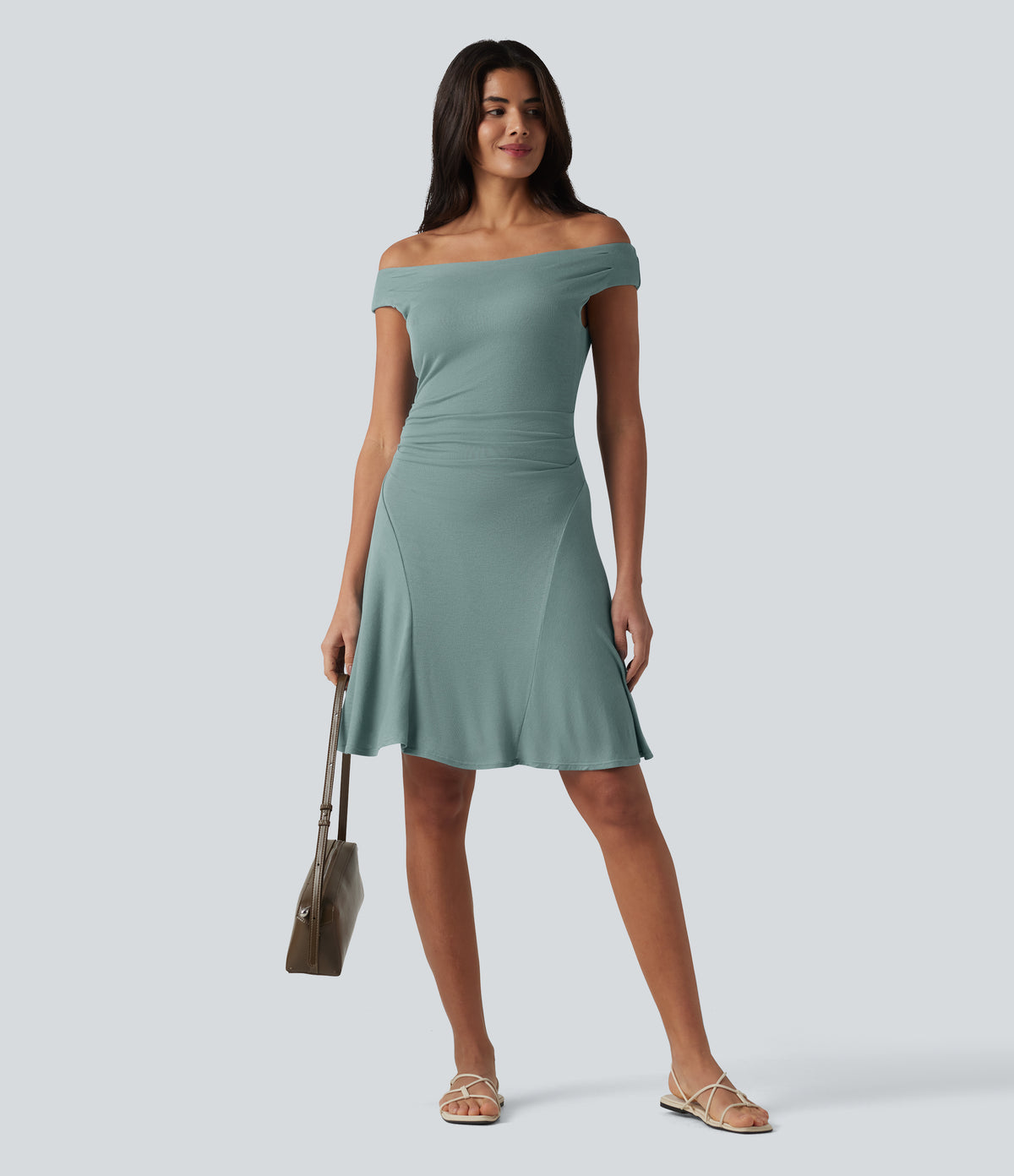 Ribbed Off Shoulder Non-Removable Pad Mini Casual Dress — Clear Green — view 7