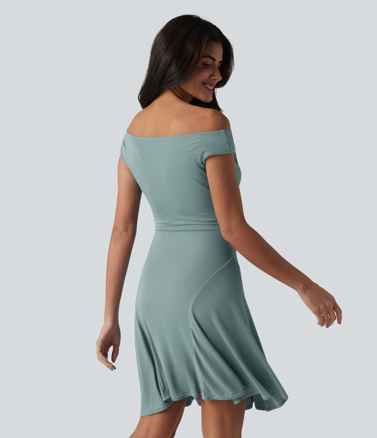 Ribbed Off Shoulder Non-Removable Pad Mini Casual Dress — Clear Green — view 2