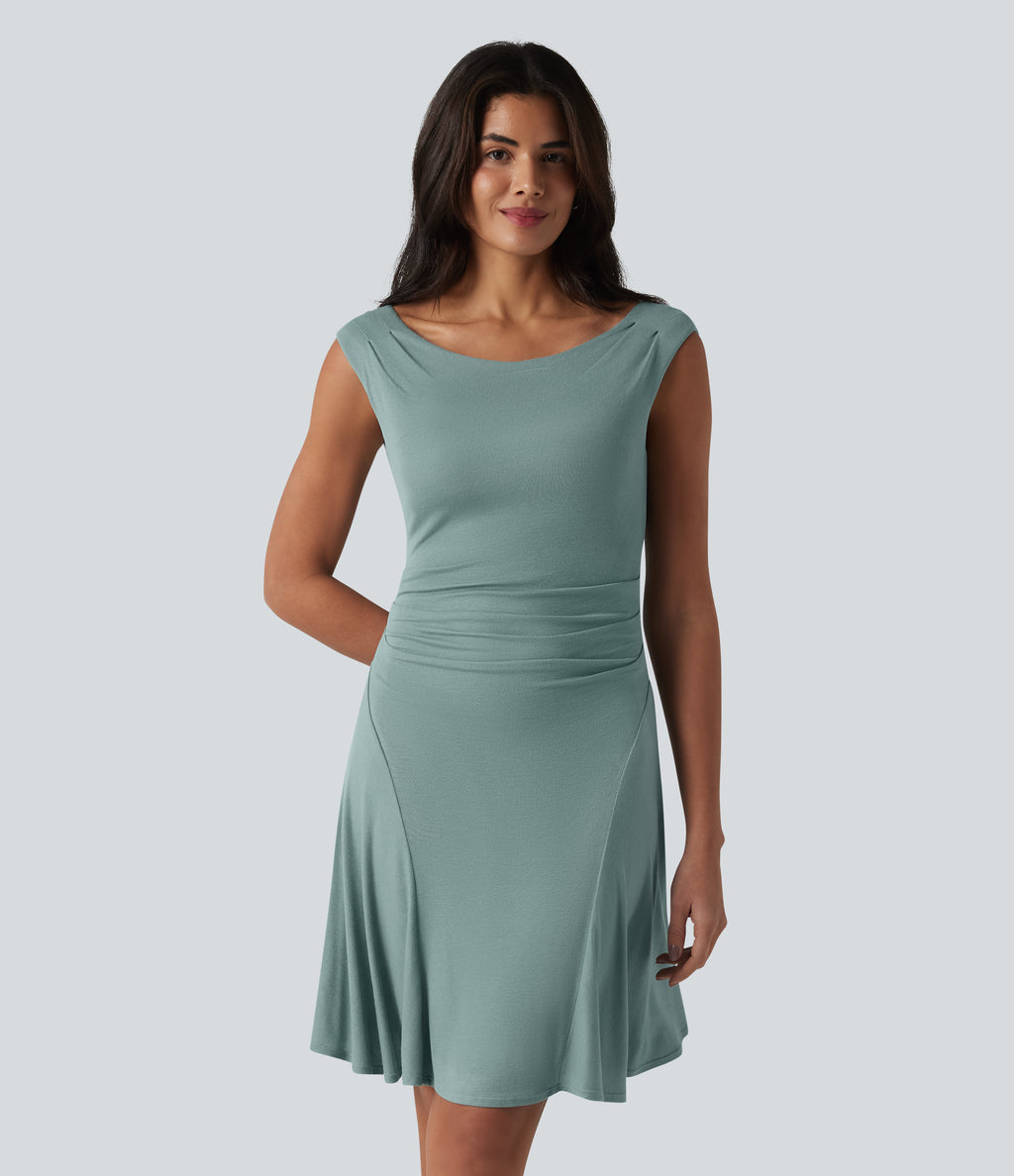 Ribbed Off Shoulder Non-Removable Pad Mini Casual Dress — Clear Green — view 5