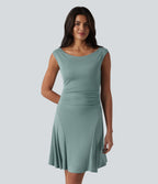 Ribbed Off Shoulder Non-Removable Pad Mini Casual Dress — Clear Green — view 5