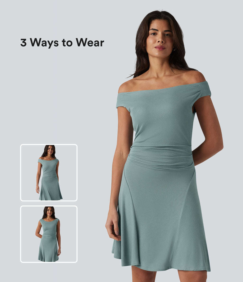 Ribbed Off Shoulder Non-Removable Pad Mini Casual Dress — Clear Green — view 1