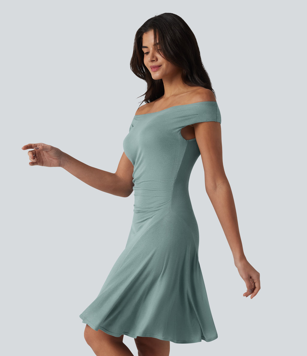 Ribbed Off Shoulder Non-Removable Pad Mini Casual Dress — Clear Green — view 3