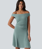 Ribbed Off Shoulder Non-Removable Pad Mini Casual Dress — Clear Green — view 6