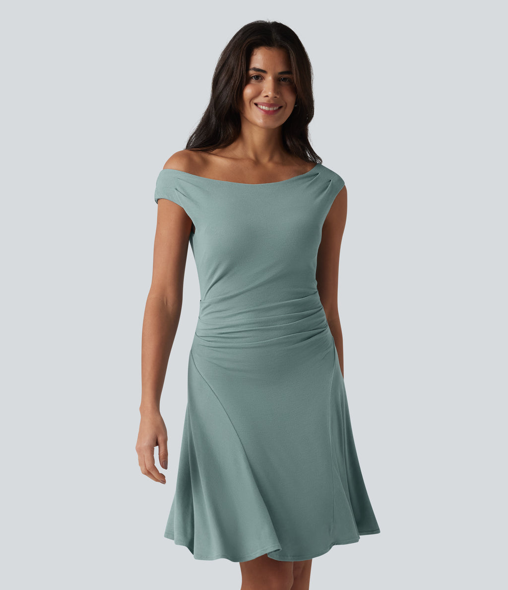 Ribbed Off Shoulder Non-Removable Pad Mini Casual Dress — Clear Green — view 4