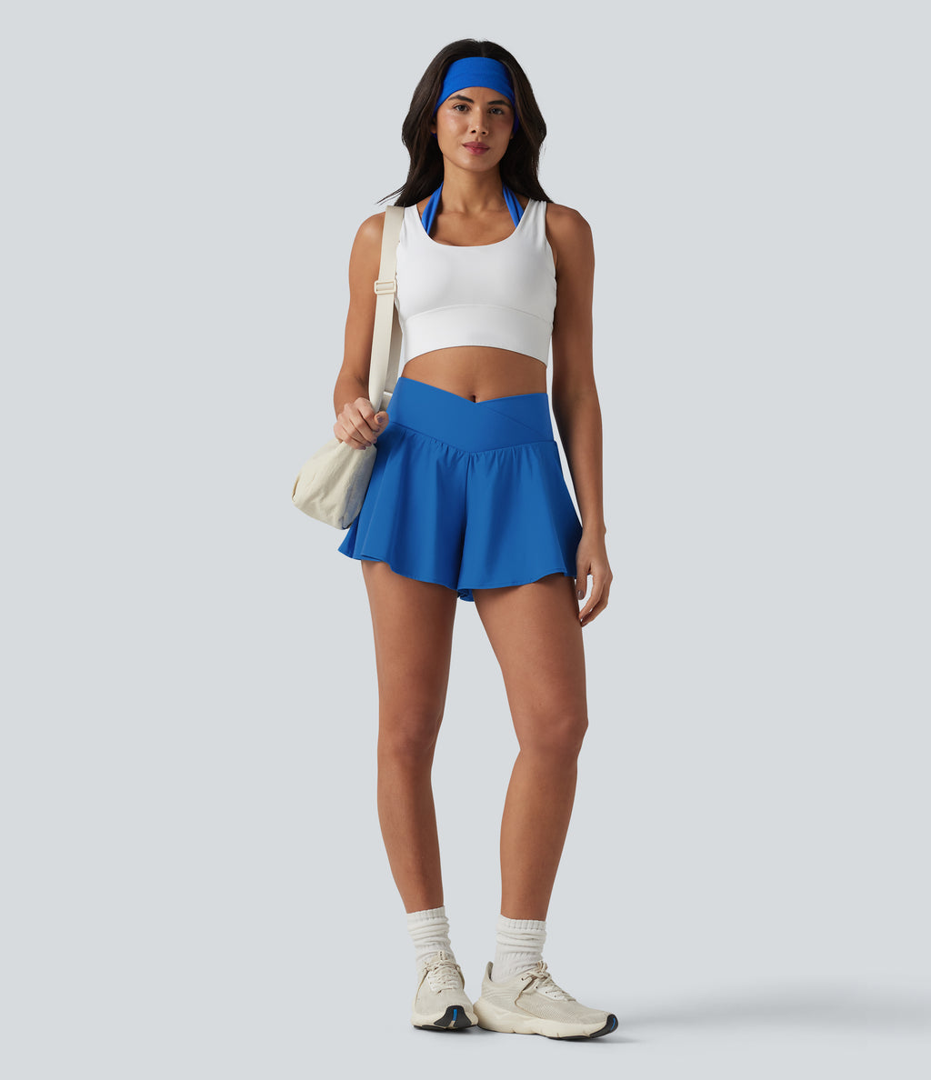 High Waisted Crossover 2-in-1 Quick Dry Running Shorts 4'' with Pockets — Nebulas Blue — view 7