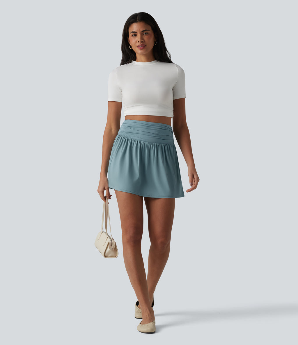 High Waisted 2-in-1 Micro Mini Casual Skirt with Pockets — Stone Blue — view 7