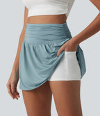 High Waisted 2-in-1 Micro Mini Casual Skirt with Pockets — Stone Blue — view 4