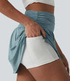 High Waisted 2-in-1 Micro Mini Casual Skirt with Pockets — Stone Blue — view 5