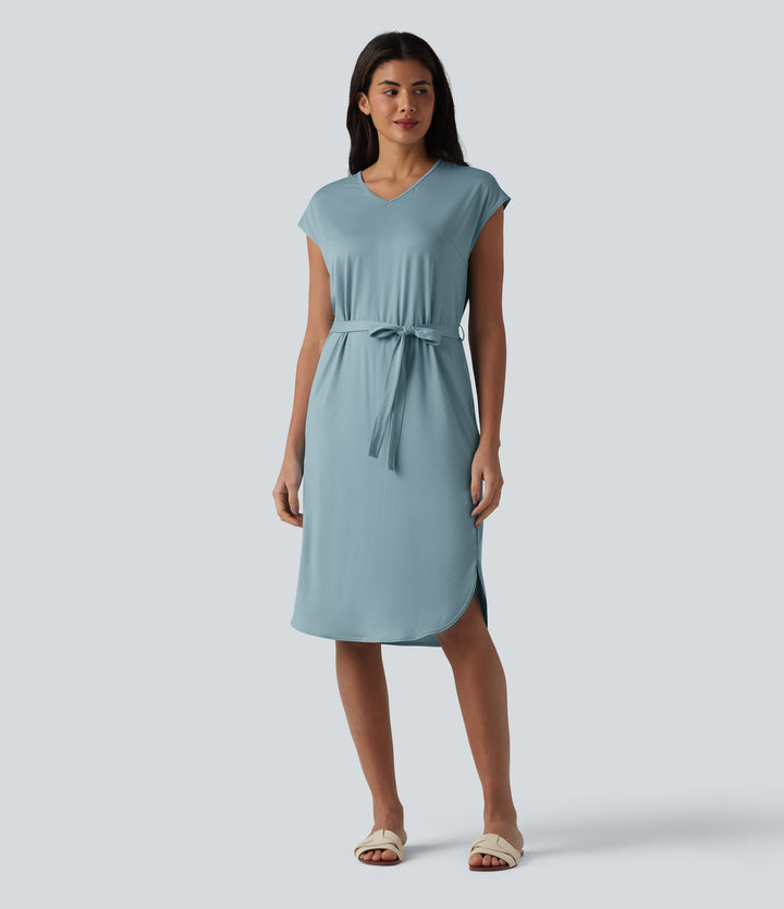 V-neck Short Sleeve Belted Curved Hem Casual T-Shirt Dress — Stone Blue — view 1