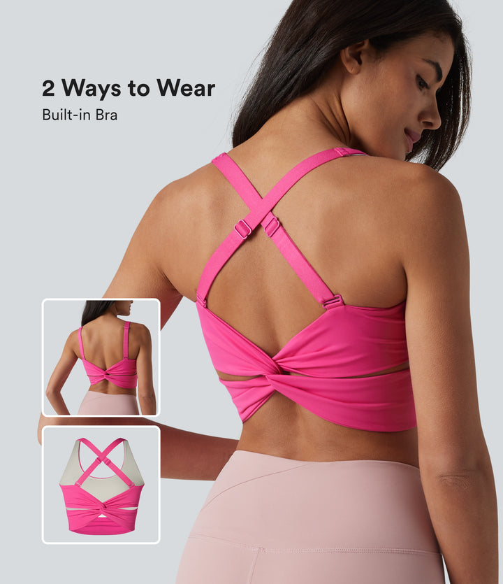 Plush Crisscross Backless Twisted Back Adjustable Straps Built-in Bra Workout Tank Top — Fuchsia Purple — view 1