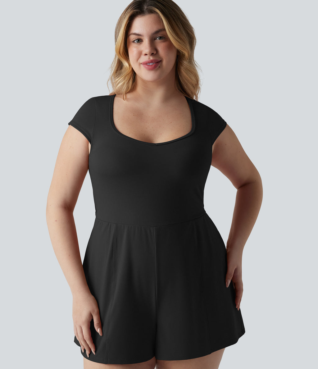 Plus Size Airy U Neck Cap Sleeve InstantCool Yoga Playsuit with Pockets-Edition — Black — view 4