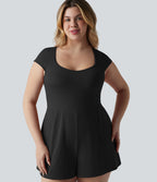 Plus Size Airy U Neck Cap Sleeve InstantCool Yoga Playsuit with Pockets-Edition — Black — view 4