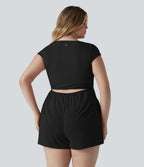 Plus Size Airy U Neck Cap Sleeve InstantCool Yoga Playsuit with Pockets-Edition — Black — view 2