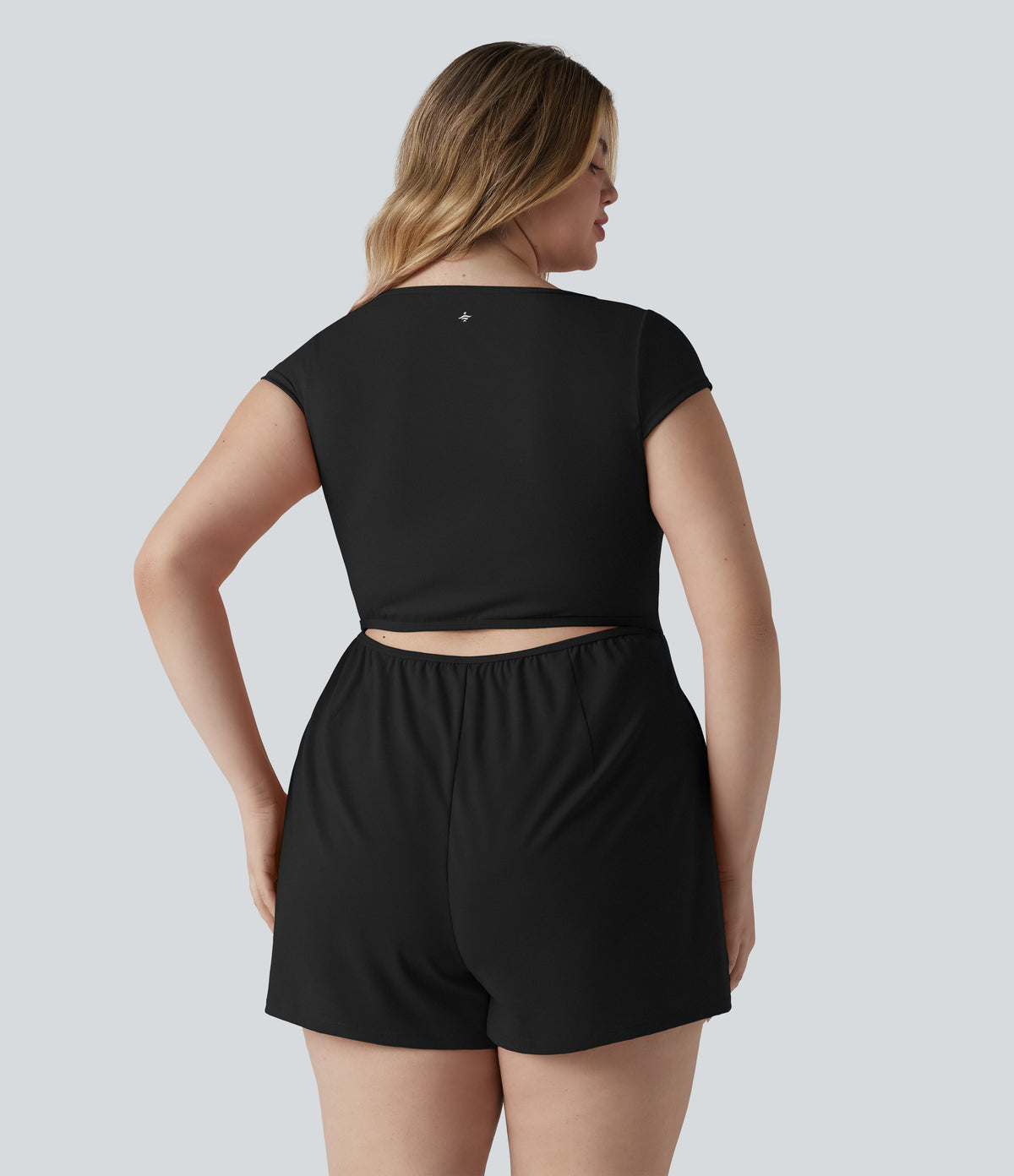 Plus Size Airy U Neck Cap Sleeve InstantCool Yoga Playsuit with Pockets-Edition — Black — view 2