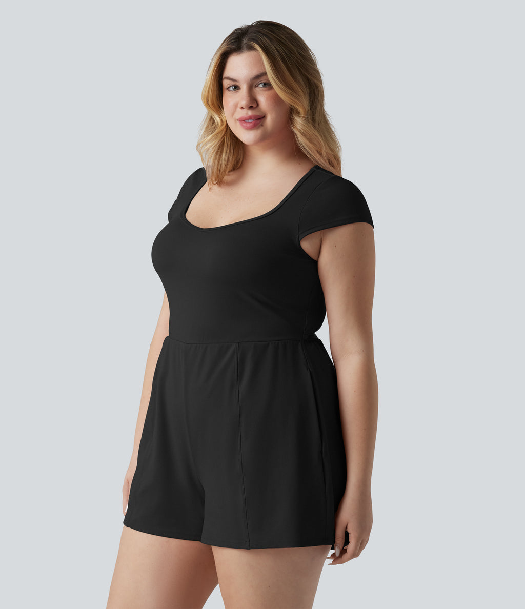 Plus Size Airy U Neck Cap Sleeve InstantCool Yoga Playsuit with Pockets-Edition — Black — view 3
