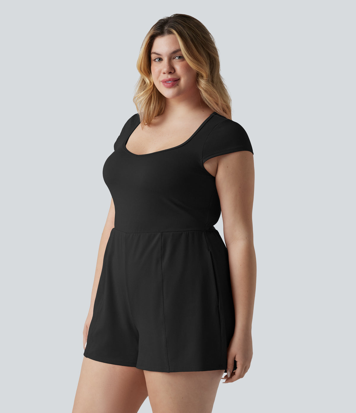Plus Size Airy U Neck Cap Sleeve InstantCool Yoga Playsuit with Pockets-Edition — Black — view 3