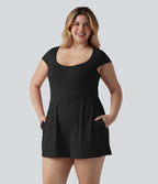 Plus Size Airy U Neck Cap Sleeve InstantCool Yoga Playsuit with Pockets-Edition — Black — view 1
