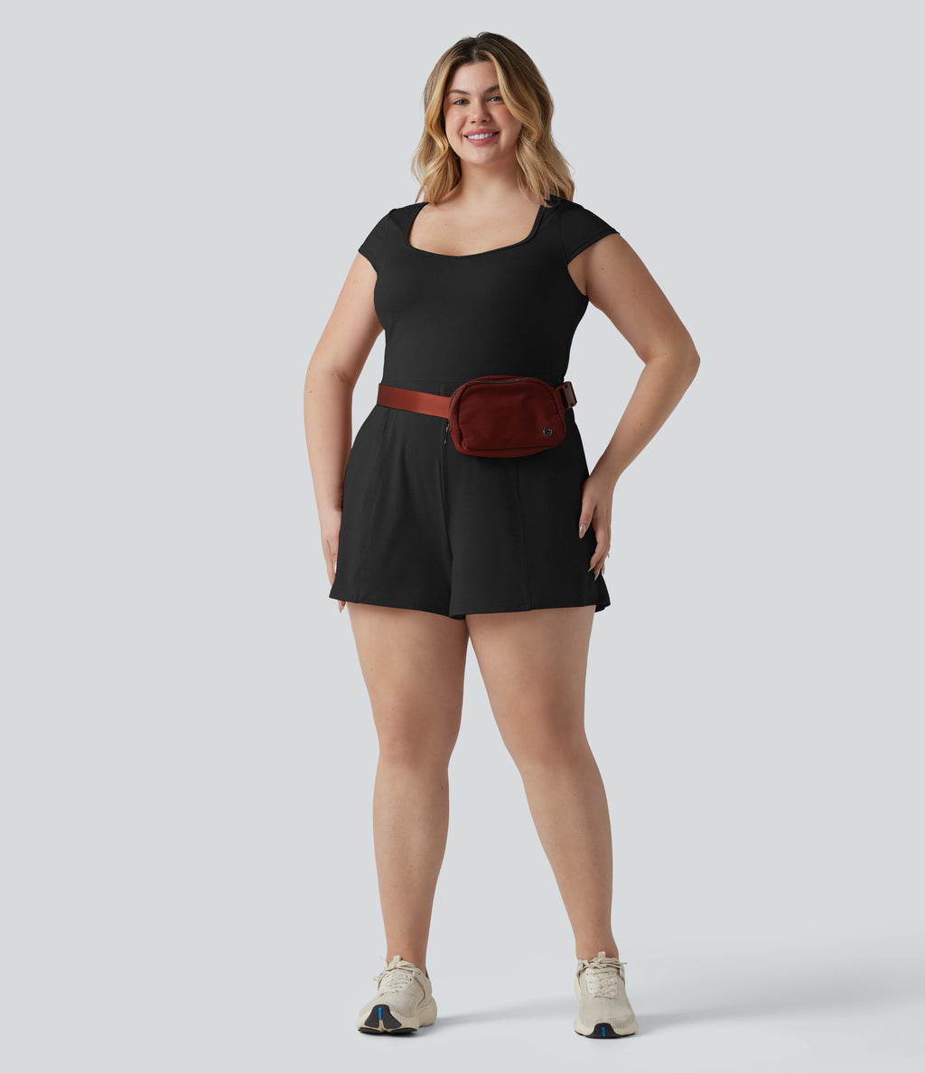 Plus Size Airy U Neck Cap Sleeve InstantCool Yoga Playsuit with Pockets-Edition — Black — view 6