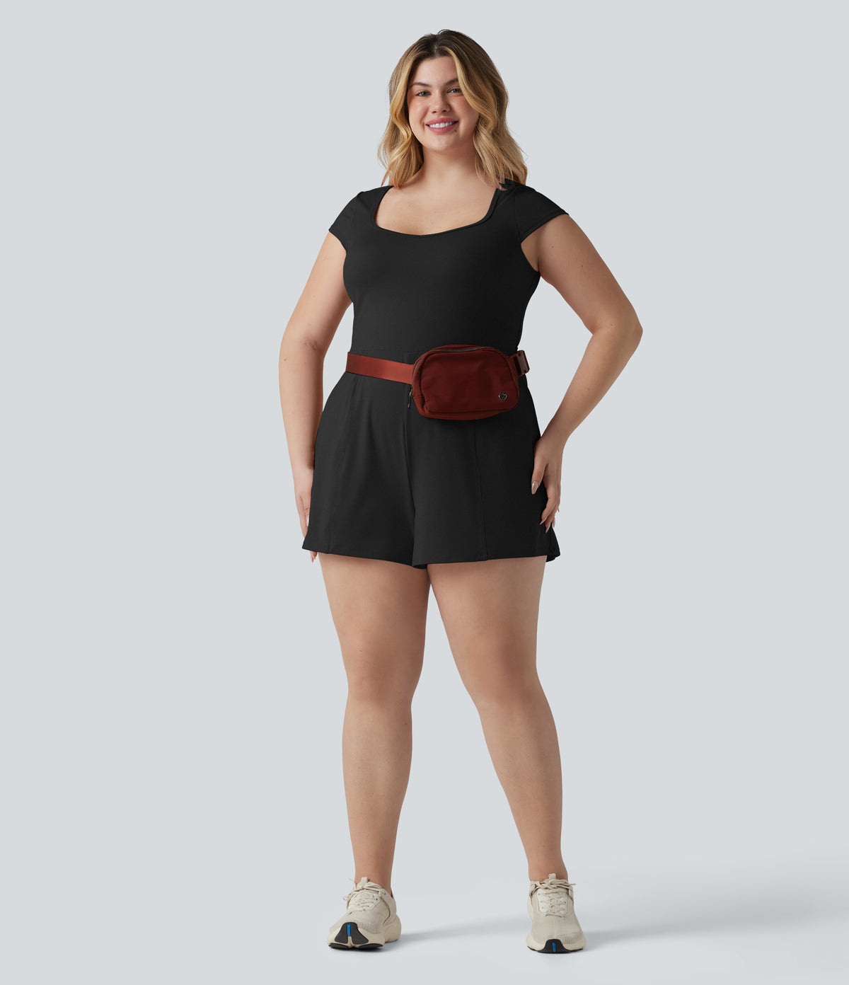 Plus Size Airy U Neck Cap Sleeve InstantCool Yoga Playsuit with Pockets-Edition — Black — view 6