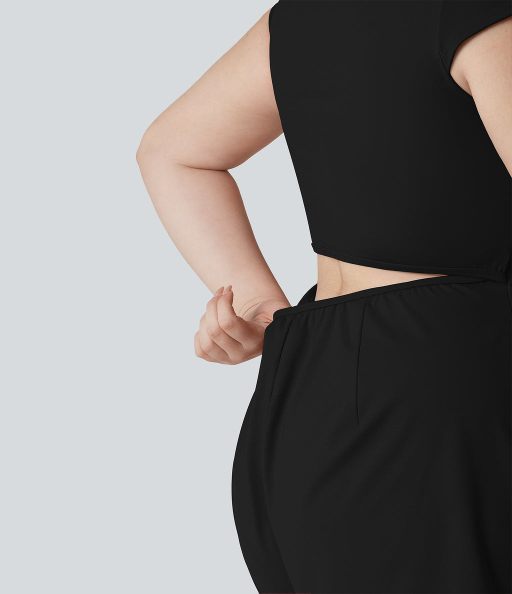 Plus Size Airy U Neck Cap Sleeve InstantCool Yoga Playsuit with Pockets-Edition — Black — view 5
