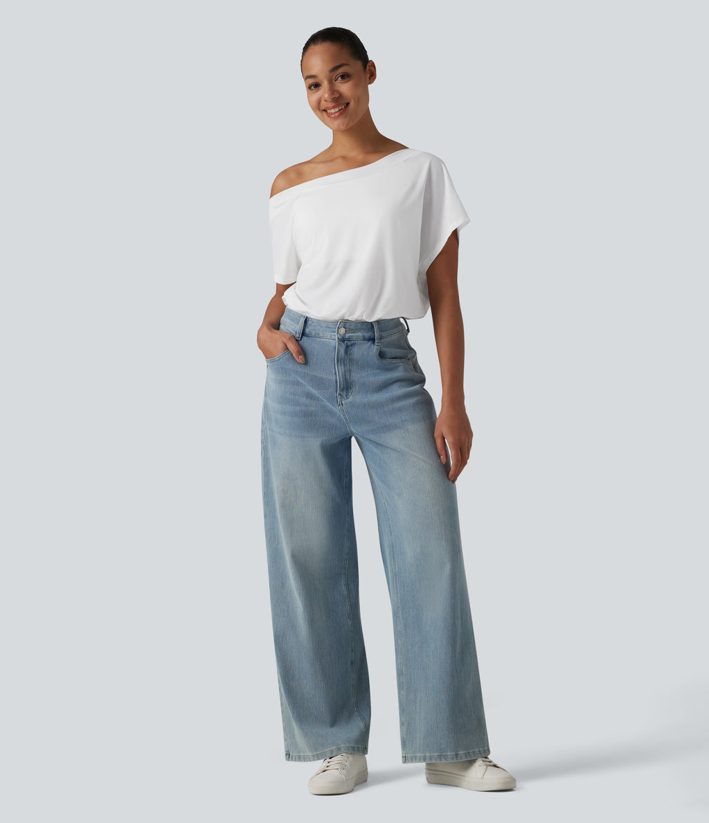 One Shoulder Built-in Bra Short Sleeve Quick Dry Casual Bodysuit — White — view 5