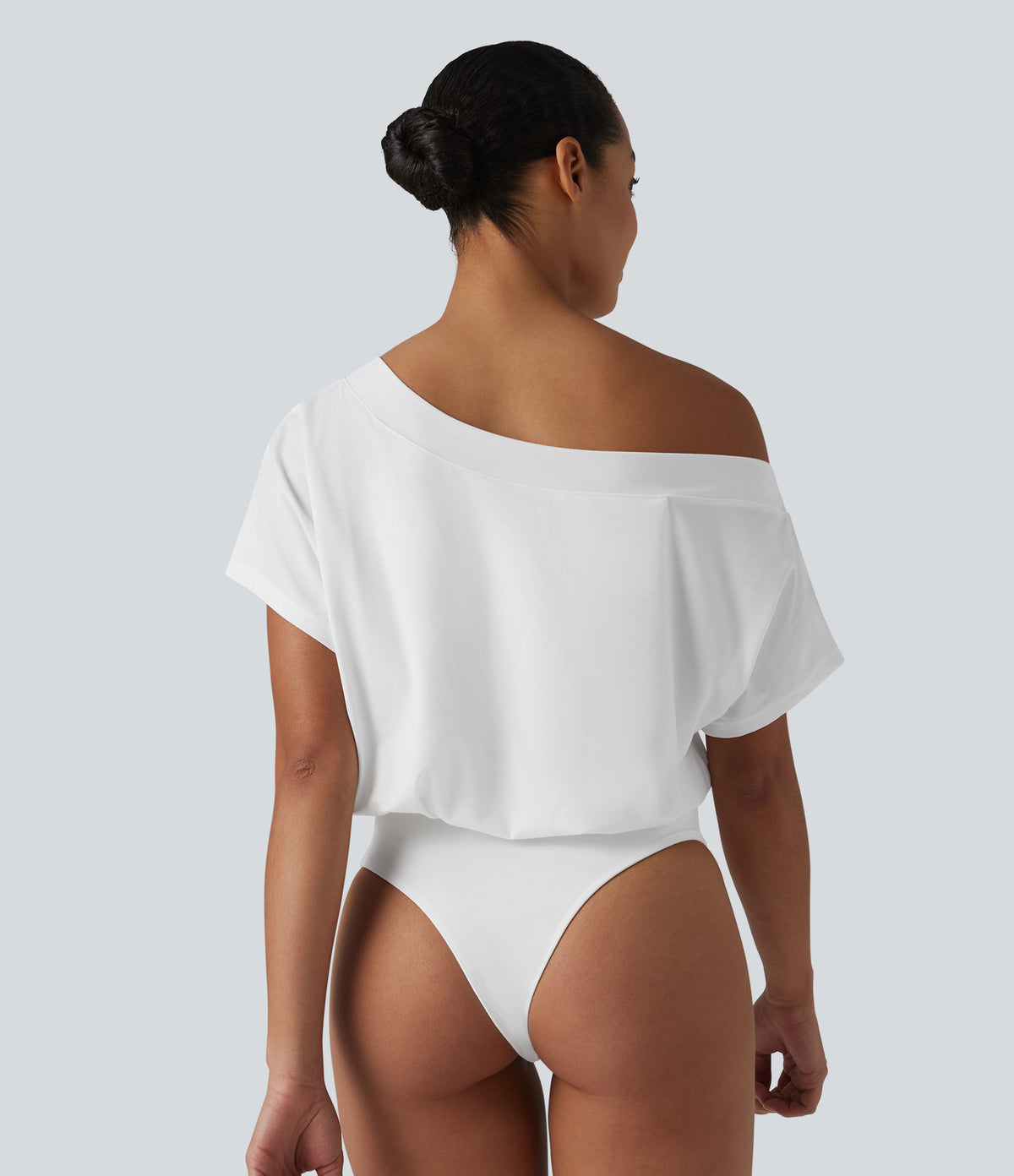 One Shoulder Built-in Bra Short Sleeve Quick Dry Casual Bodysuit — White — view 2