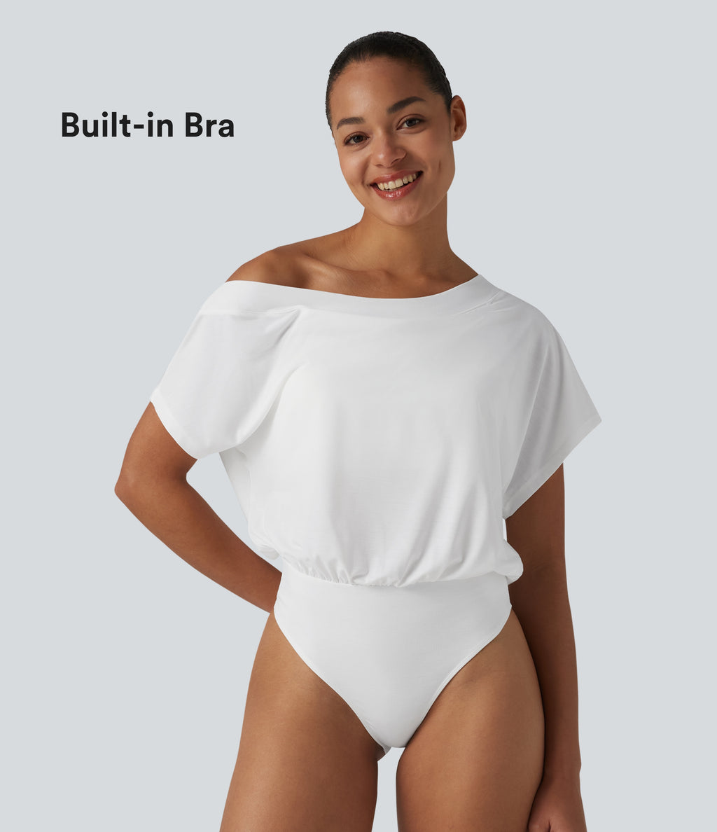 One Shoulder Built-in Bra Short Sleeve Quick Dry Casual Bodysuit — White — view 1