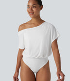 One Shoulder Built-in Bra Short Sleeve Quick Dry Casual Bodysuit — White — view 4