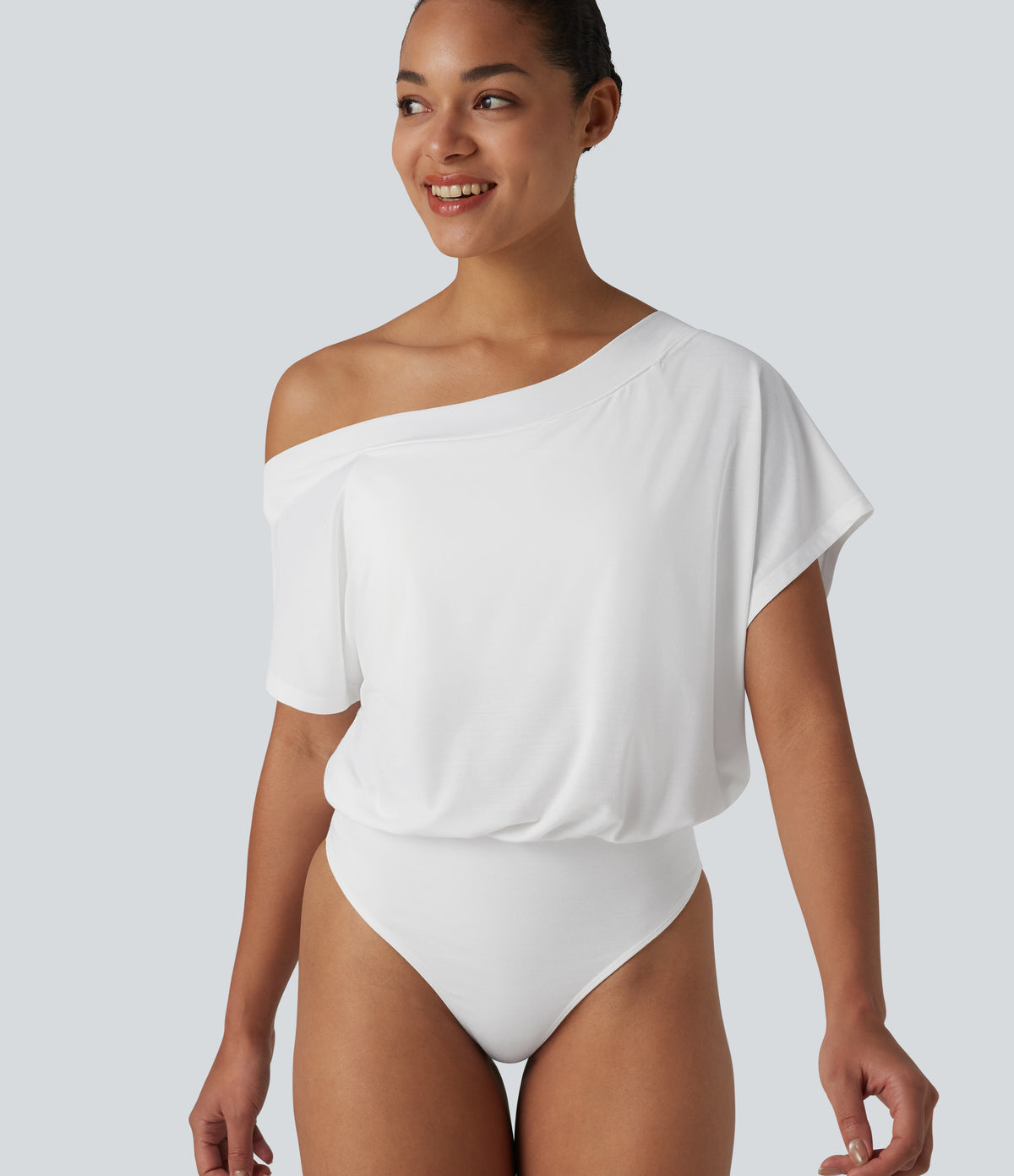 One Shoulder Built-in Bra Short Sleeve Quick Dry Casual Bodysuit — White — view 4