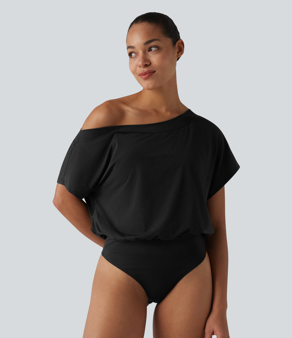 One Shoulder Built-in Bra Short Sleeve Quick Dry Casual Bodysuit — Black — view 6