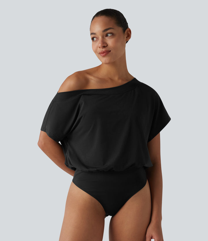 One Shoulder Built-in Bra Short Sleeve Quick Dry Casual Bodysuit — Black — view 6