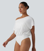 One Shoulder Built-in Bra Short Sleeve Quick Dry Casual Bodysuit — White — view 3