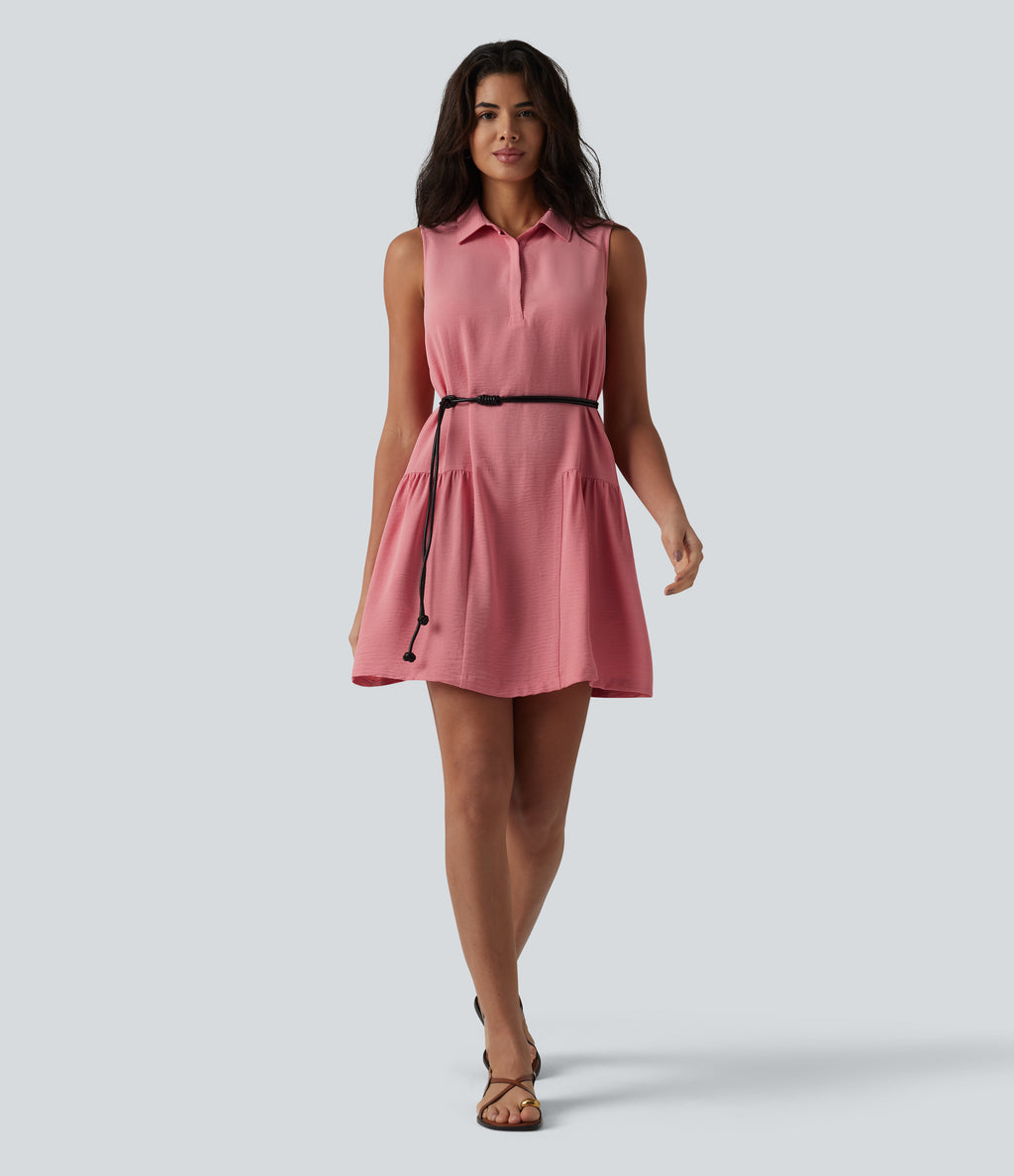 Sleeveless Linen-Feel Mini Casual Shirt Dress with Pockets — Mauveglow — view 6