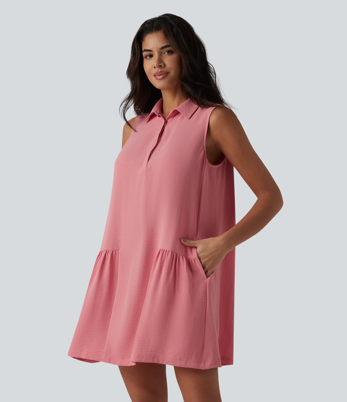 Sleeveless Linen-Feel Mini Casual Shirt Dress with Pockets — Mauveglow — view 3