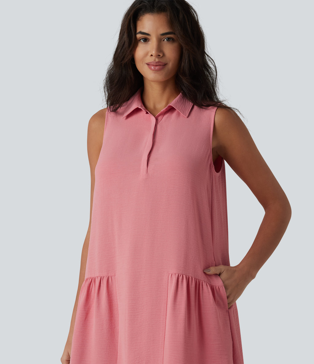 Sleeveless Linen-Feel Mini Casual Shirt Dress with Pockets — Mauveglow — view 4