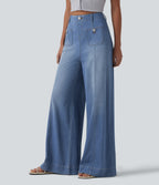 High Waisted Wide Leg Flare Casual Jeans with Pockets — Blue Jasper Denim — view 3