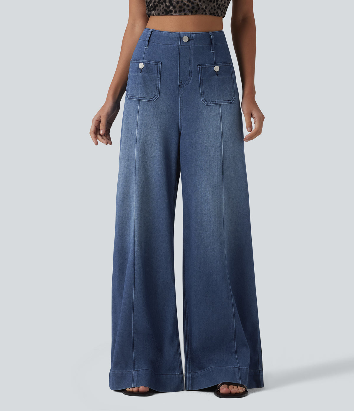 High Waisted Wide Leg Flare Casual Jeans with Pockets — Estate Blue Denim — view 7