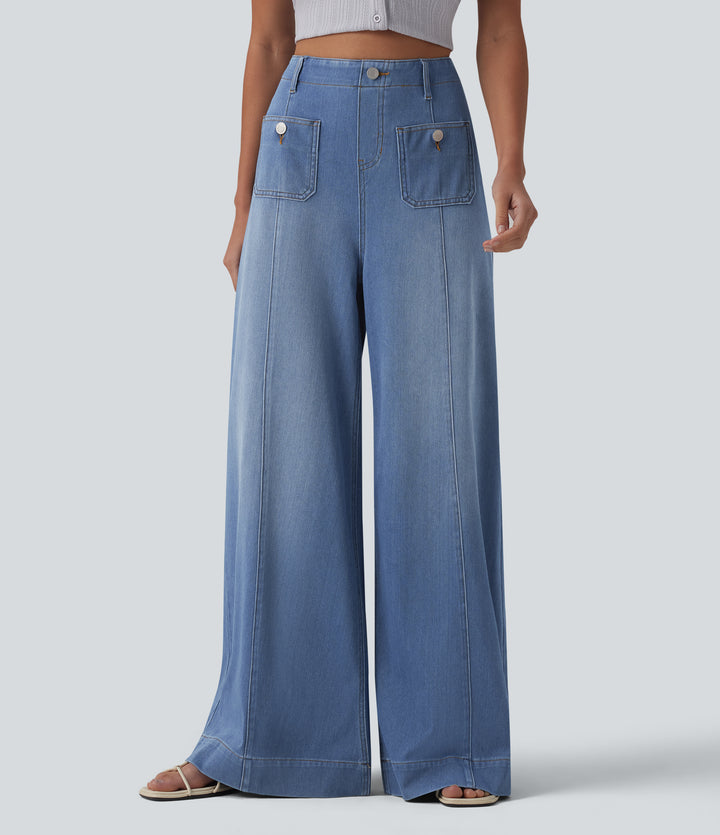High Waisted Wide Leg Flare Casual Jeans with Pockets — Blue Jasper Denim — view 1