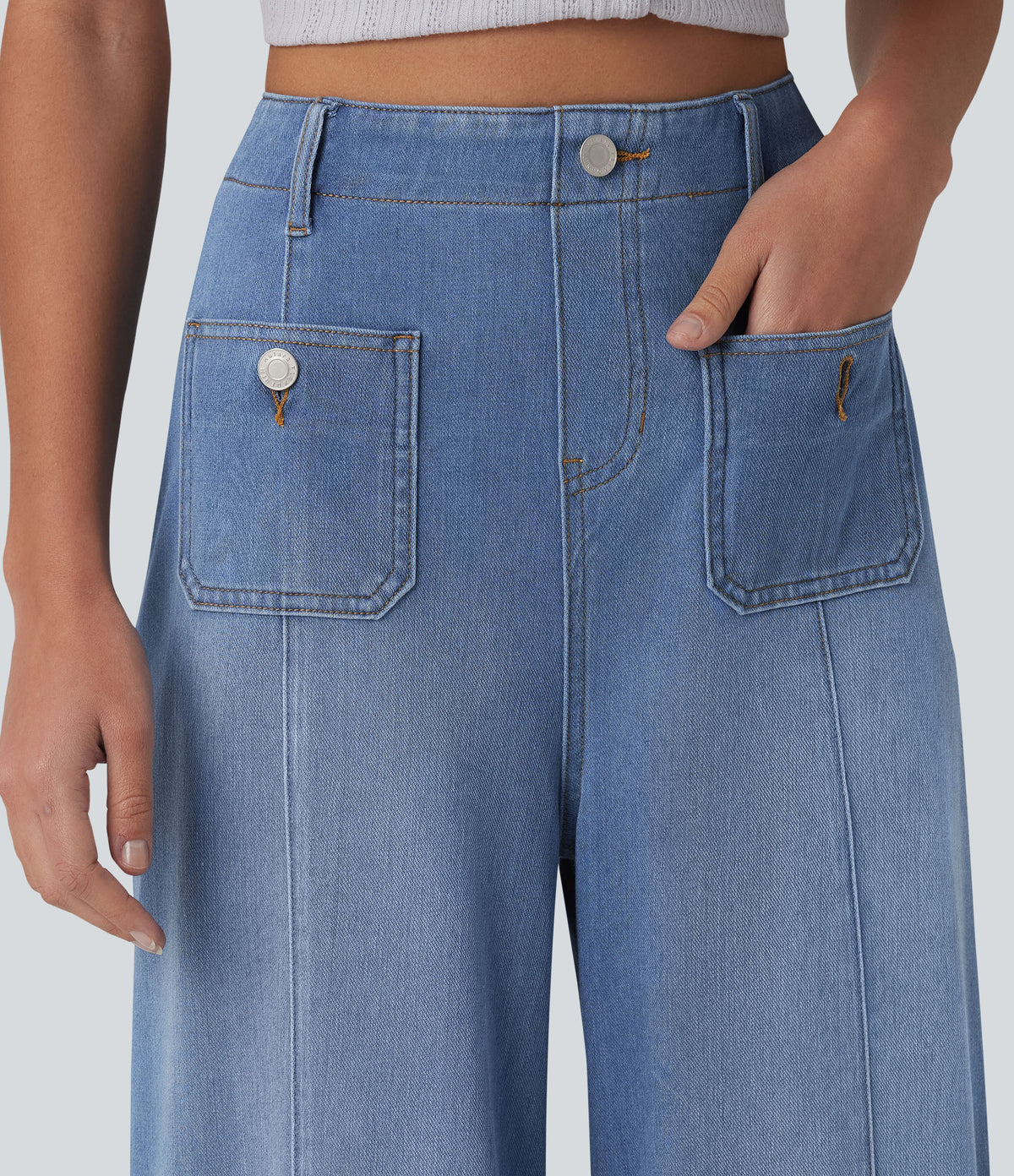 High Waisted Wide Leg Flare Casual Jeans with Pockets — Blue Jasper Denim — view 4