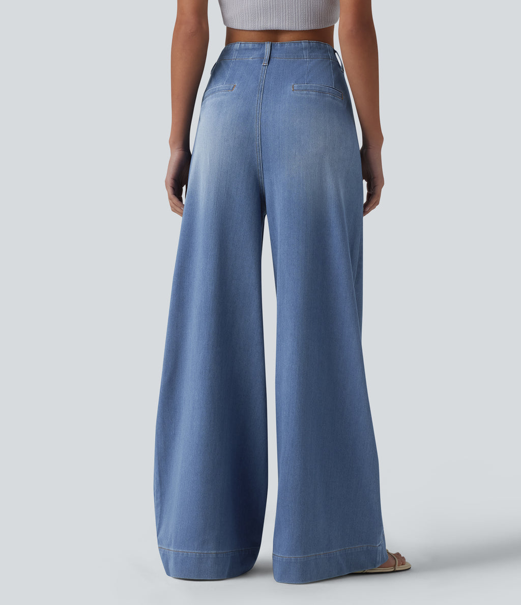 High Waisted Wide Leg Flare Casual Jeans with Pockets — Blue Jasper Denim — view 2