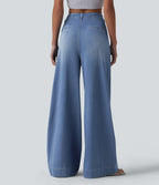 High Waisted Wide Leg Flare Casual Jeans with Pockets — Blue Jasper Denim — view 2