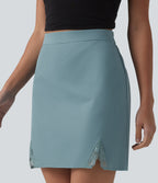High Waisted Contrast Lace Stretchy Poplin Mini Casual Skirt — Stone Blue — view 5