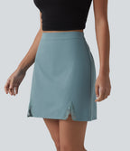 High Waisted Contrast Lace Stretchy Poplin Mini Casual Skirt — Stone Blue — view 3