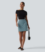 High Waisted Contrast Lace Stretchy Poplin Mini Casual Skirt — Stone Blue — view 6