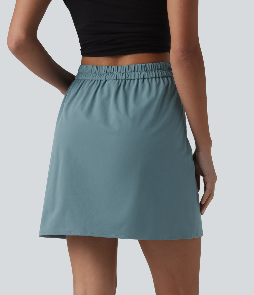 High Waisted Contrast Lace Stretchy Poplin Mini Casual Skirt — Stone Blue — view 2