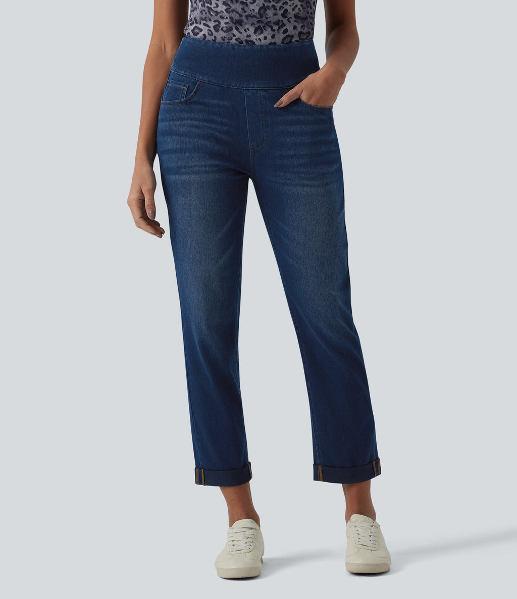 High Waisted Tummy Control Rolled Hem Casual Jeans with Pockets — Estate Blue Denim — view 3