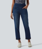 High Waisted Tummy Control Rolled Hem Casual Jeans with Pockets — Estate Blue Denim — view 3