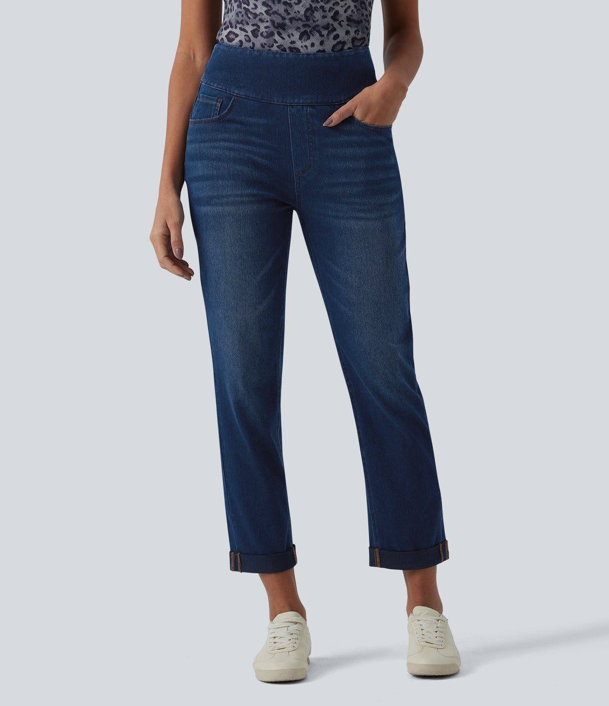 High Waisted Tummy Control Rolled Hem Casual Jeans with Pockets — Estate Blue Denim — view 3